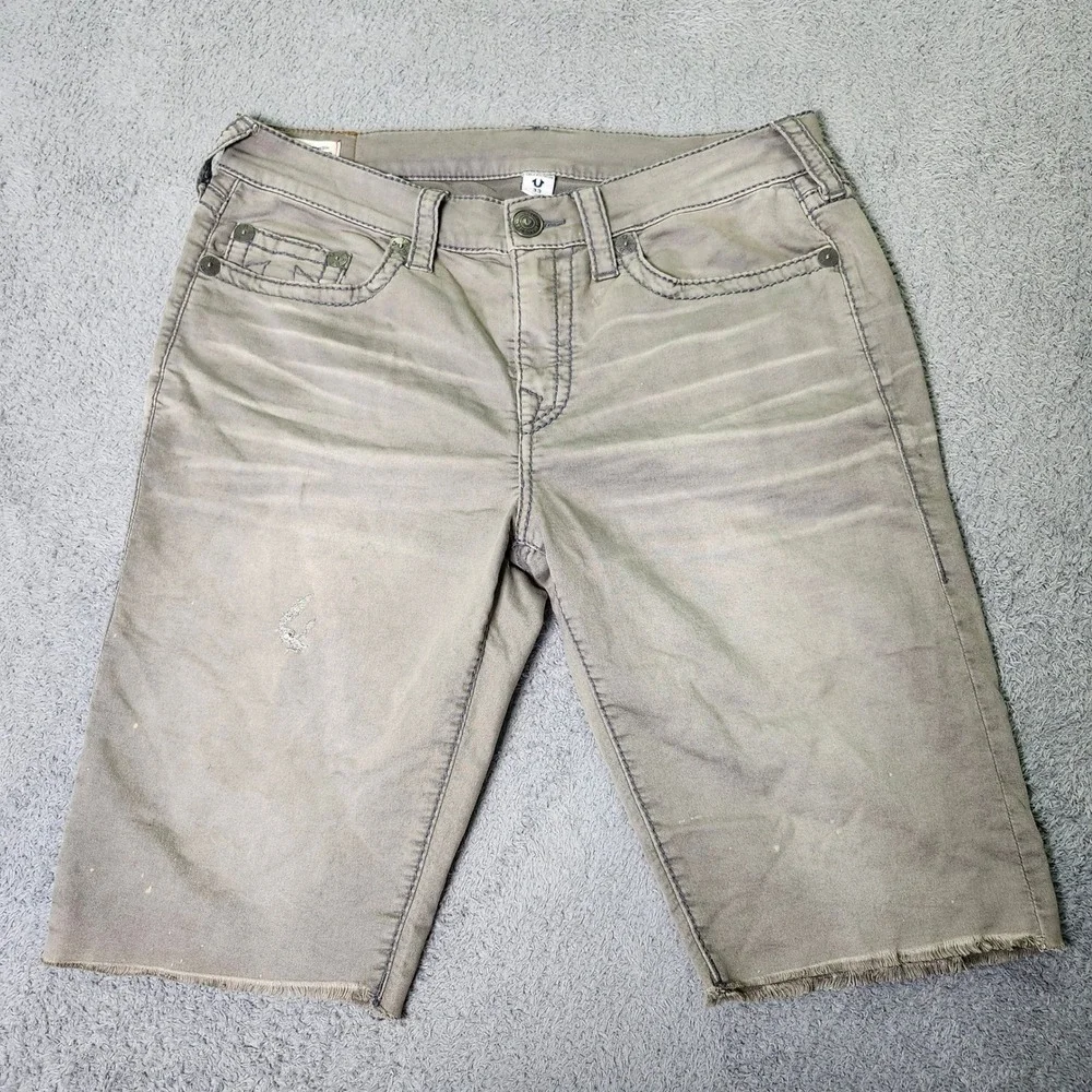 True Religion Mens 33 Denim Shorts Olive Green Raw Hem Contrast Distressed